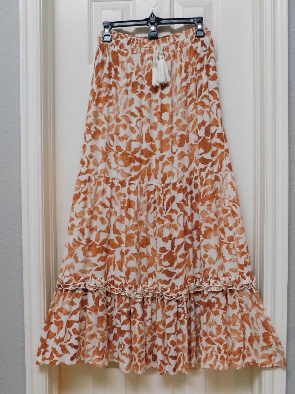 RYEGRASS Womens Boho Tiered Maxi Skirt Burnt Orange & Ivory Animal Tassel XS
